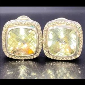 David Yurman Faceted Prasiolite Albion Earrings Silver Diamond Halo Omega Backs